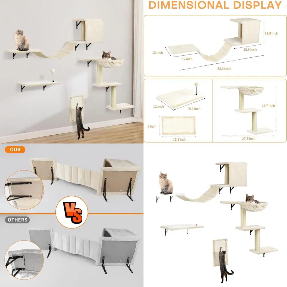 

Многоуровневая настенная лазалка для кошек с лежанками, мостиком, гамаком, когтеточкой и шариком – компактная, бежевая