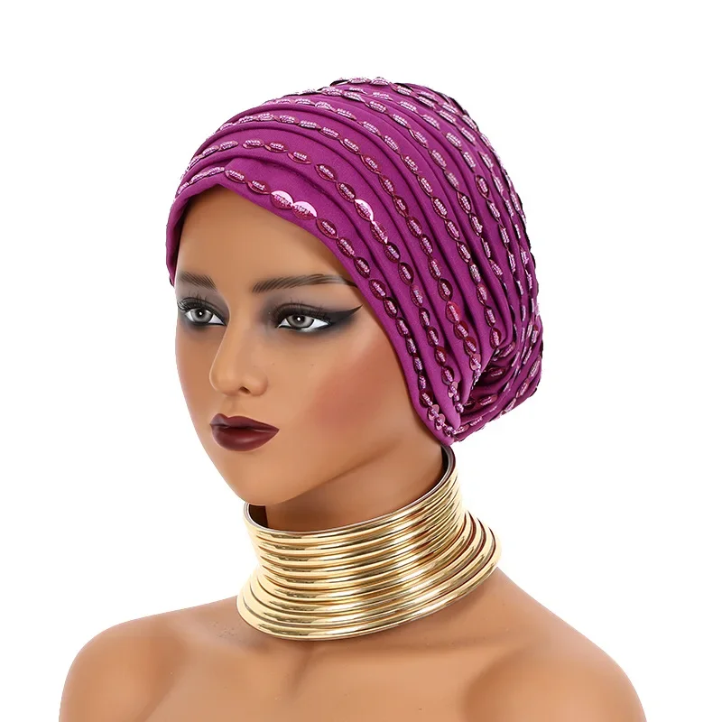 New Women Sequin Turban Hat Beaded Stretch Head Wrap Fashion Ladies Muslim Headscarf Elastic Pleated African Headwear Party Cap