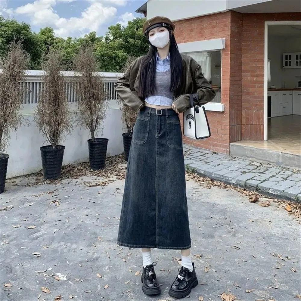 High Waist Split Long Jean Skirt Women Fashion Vintage Y2k Straight Demin Skirt Korean Style All-Match Pockets Midi Faldas