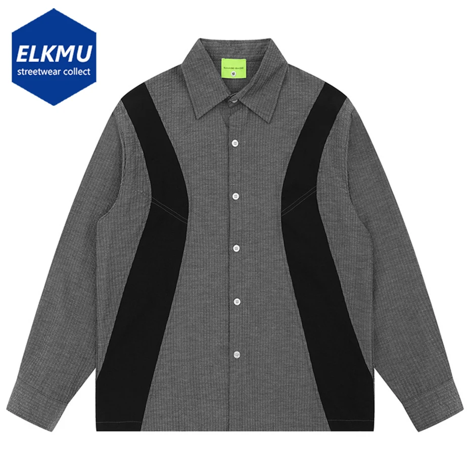 

Vintage Oversized Shirts Color Block Patchwork Loose Casual Long Sleeve Shirts Button Up Blouse Men Streetwear Hip Hop Shirts
