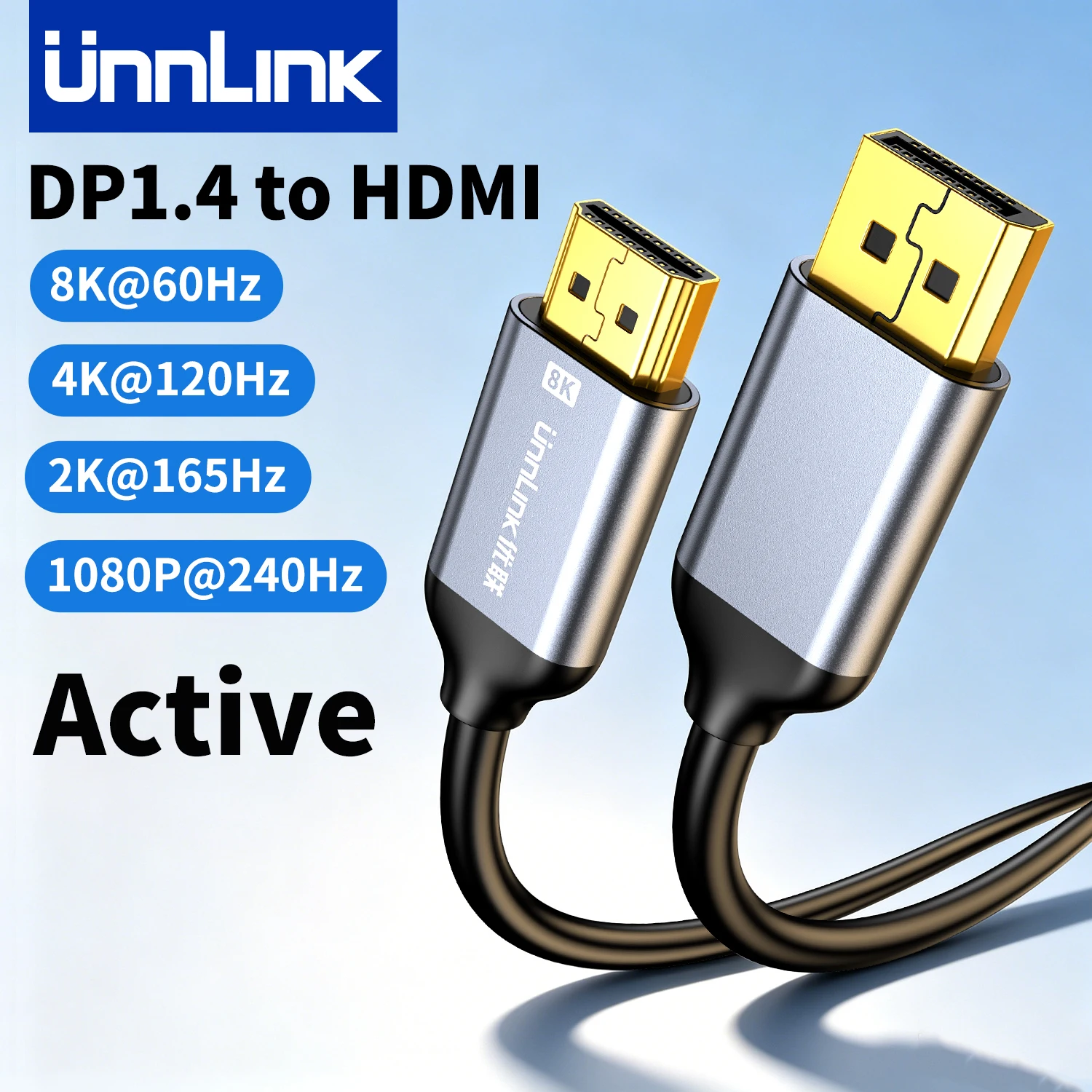 Unnlink Active DP 1.4 to HDMI Cable 4K@144Hz 2K@180Hz Displayport to HDMI Converter for RTX Graphics Card Gaming PC to Monitor