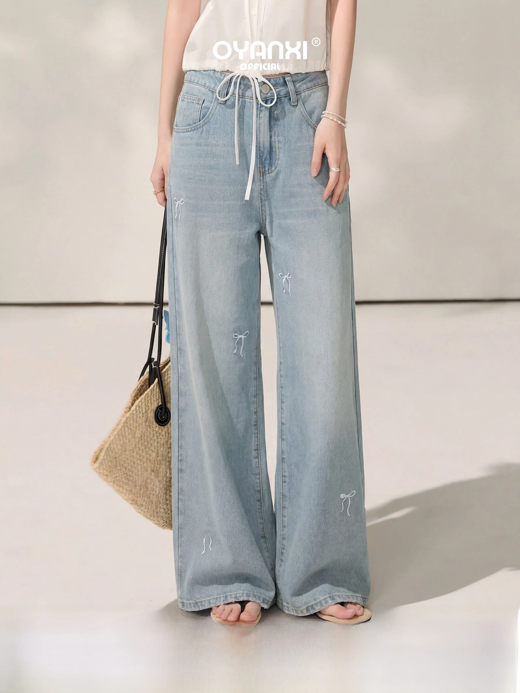 

Blue Embroidered High Waist Straight Leg Women's Jeans Knot Detail Machine Embroidery Summer Collection Ladies