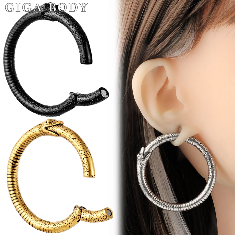 Giga Vintage Round Ring Snake Ear Hanger Weights For Stretched Earlobe Plugs Piercing Stainless Steel 5mm 4g Gauges Jewelry