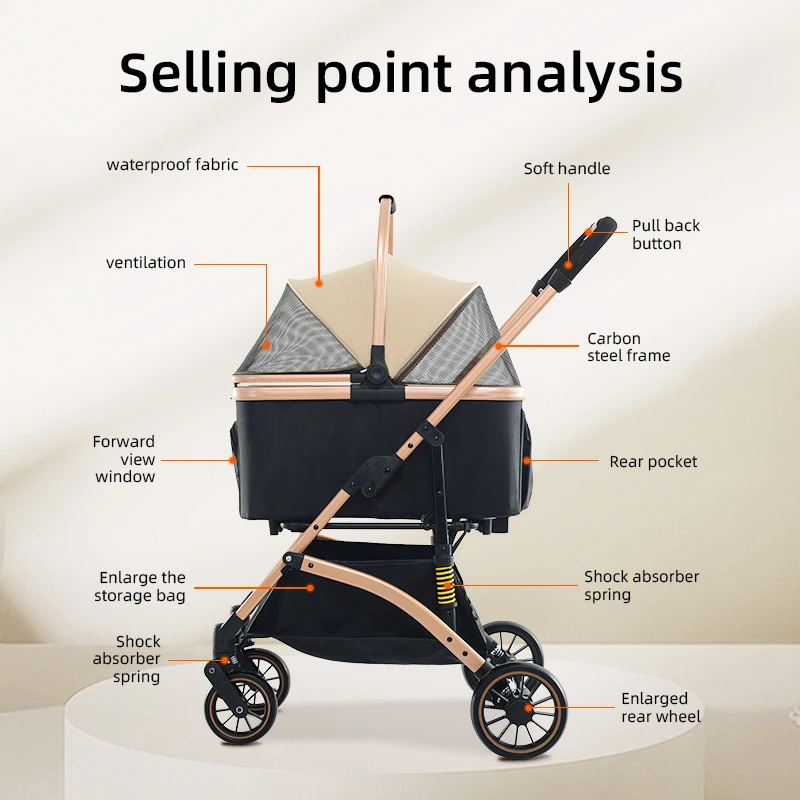 Cochecito plegable modificado para requisitos particulares al por mayor del carro del animal doméstico del perro del gato pequeño doble barato de las ruedas de lujo 4
