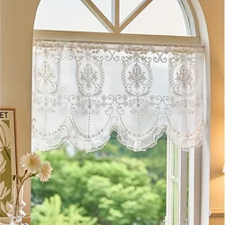 French Style Ruffled Lace Short Curtain Beaded Bottom Luxury Embroidered Tulle Short Valance Curtain for Kitchen Door Cafe
