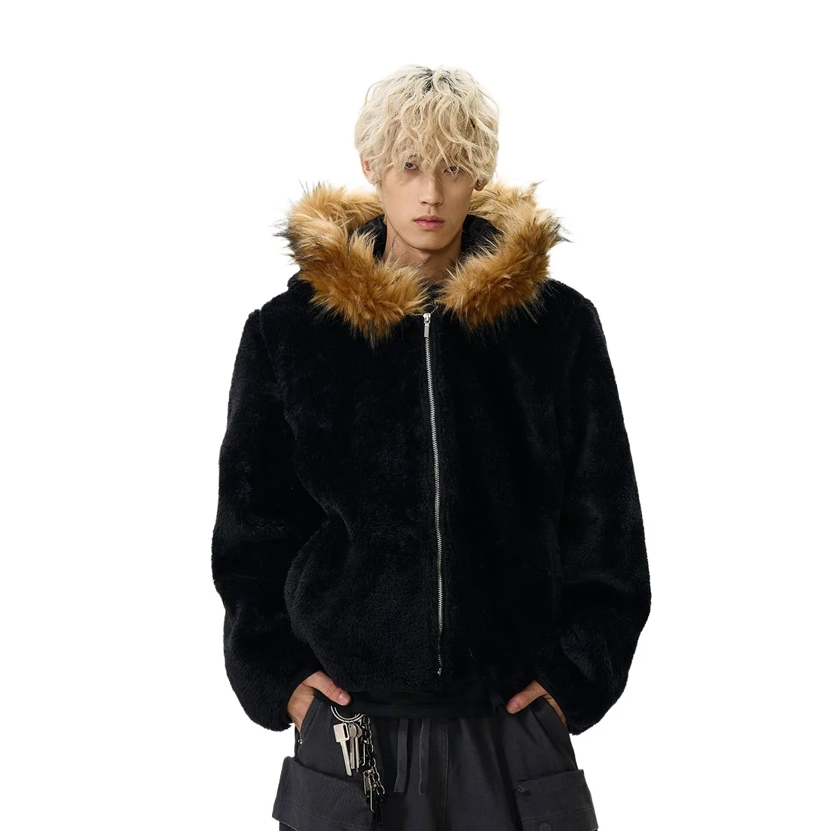 

Мужская модная роскошная куртка из искусственного меха с меховым капюшоном, уличные толстые теплые парки, зимнее термопальто, верхняя одежда для мужчин