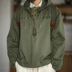Men's Hooded Pullover Long Sleeve Parker Jacket Drawstring Neckline Workwear Jacket Green Male Casual Sweatshirts Printed Tops