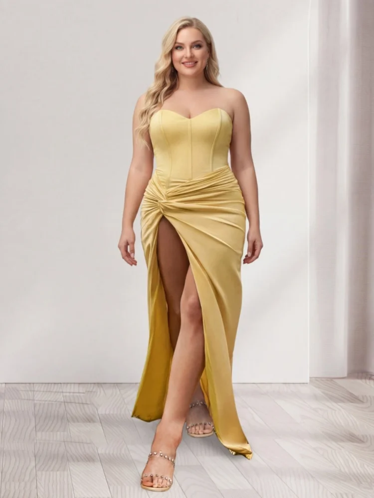 

Plus Size Bridesmaid Dresses with Split Side Sheath Column Satin Sweetheart Sleeveless Corset Ruched Mermaid Evening Gown