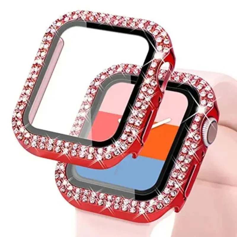 

Diamond+Tempered Film Case for Apple Watch 9 8 7 6 5 4 SE Glass Protective Cover for IWatch Series 44mm 40mm 45mm 41mm Shell