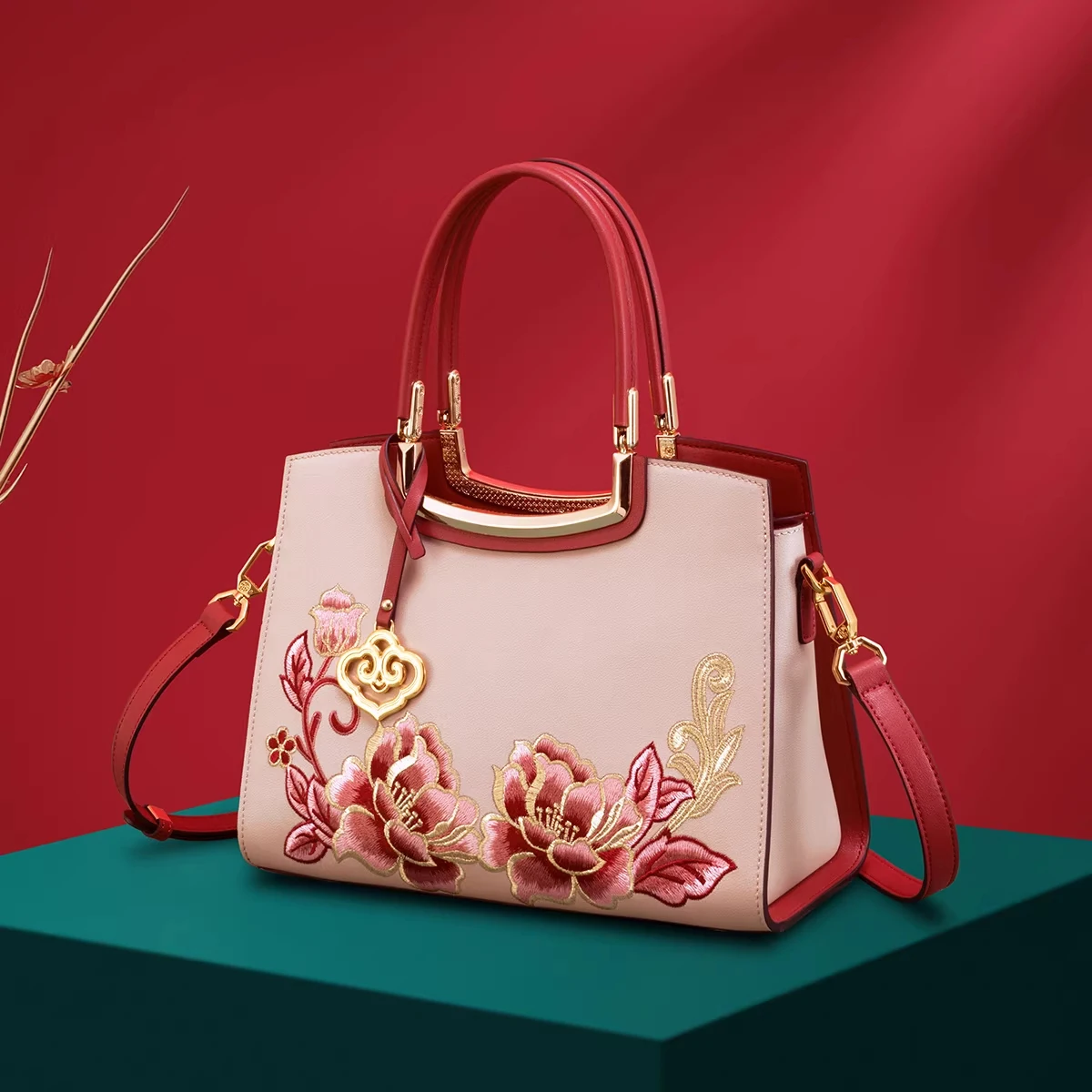 MENDY Chinese Style New Lotus Flower Embroidery Bag Traditional Designer Luxury Women's Top Handle Bag Shoulder Bag Mom Bag