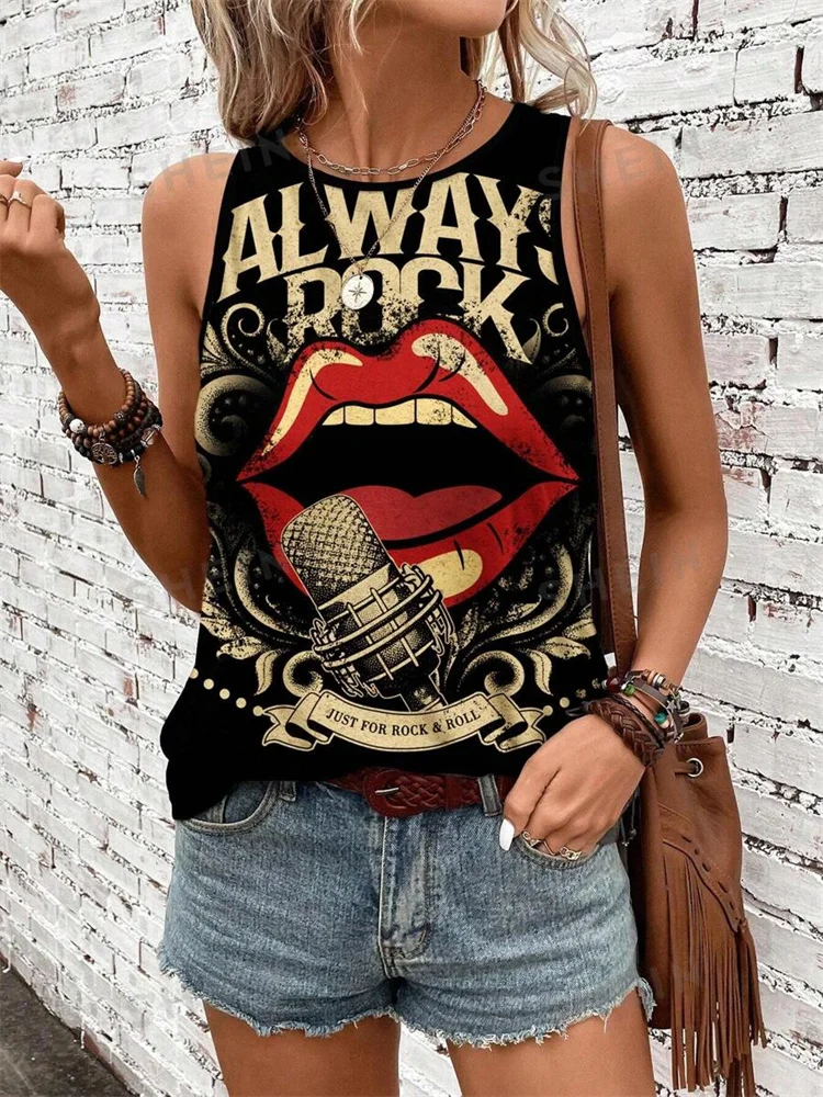 Rock Hip Hop Print Women's Tank Top Summer Street Fashion Women's Crew Neck Tank Top Everyday Casual Women's Sleeveless T-shirt