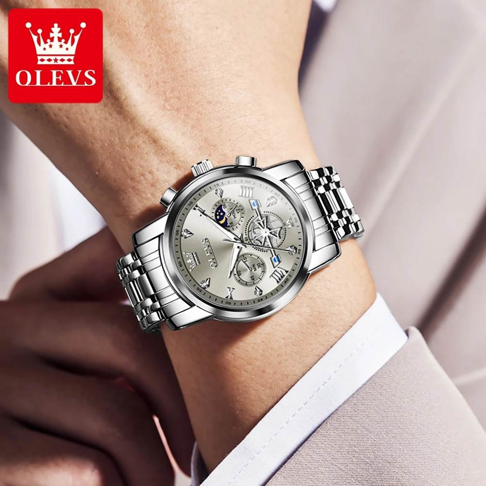 Olevs Top Marke Herren uhren klassische Drei-Augen-Stil Edelstahl Quarzuhr wasserdichte leuchtende Mondphase Armbanduhr