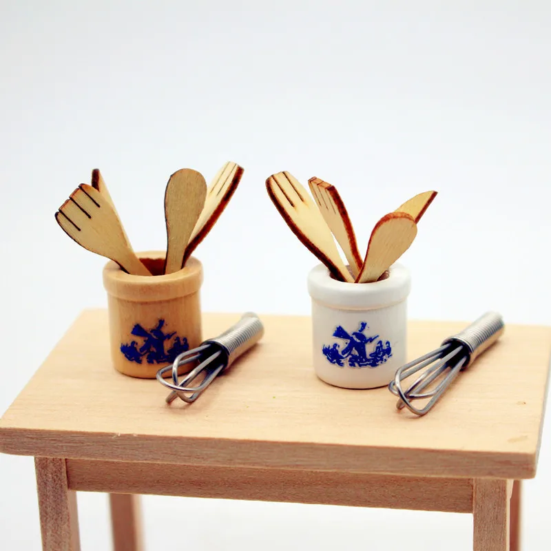 1set Dollhouse Wooden Spatula Knife Fork Egg Beater Jar Mini Tools Miniature Toys Photography Prop Home Decor Decoration Crafts