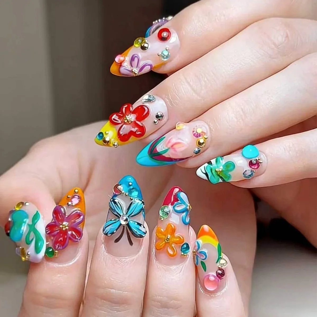 24Pcs Mid-length French Almond Press on Nails Tips 3D Colorful Flower Butterfly Insect Fake Nail Rhinestone Reusable False Nails