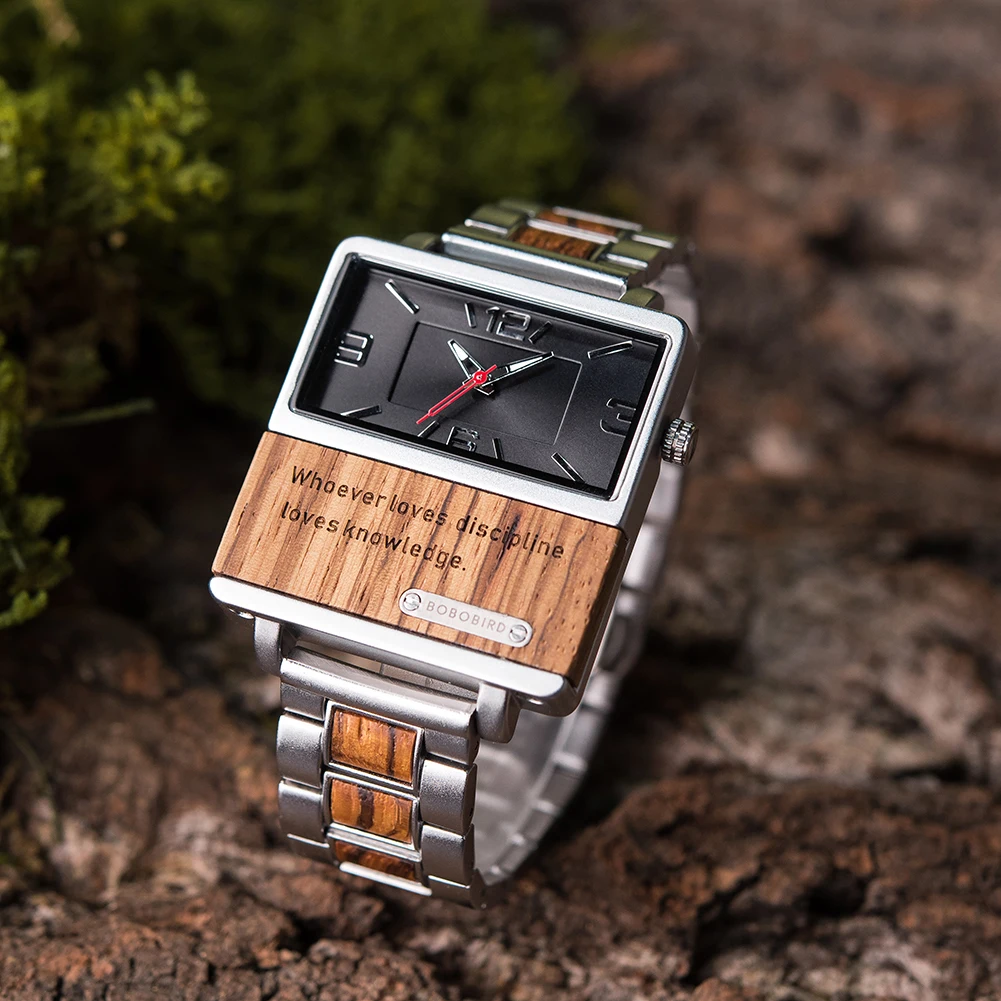 BOBO BIRD Wooden Men Watches Wood & Stainless Steel Combined Square Analog Quartz Casual Wristwatches Personalized Gift for Him