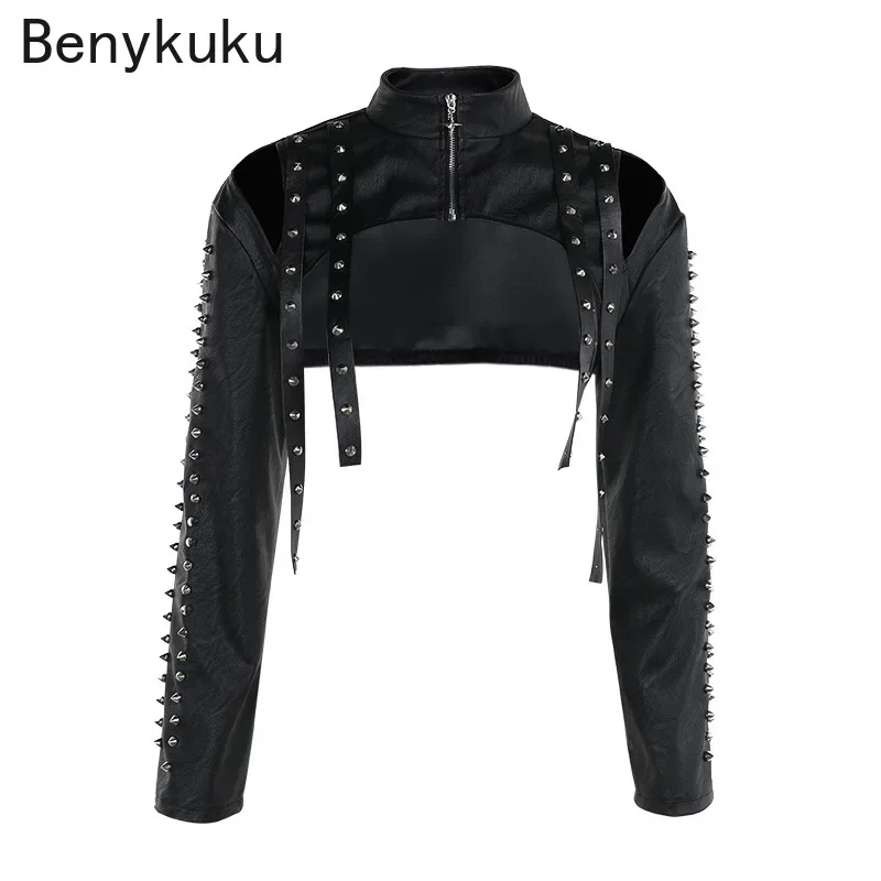 Black Faux PU Leather Steampunk Crop Jacket Shrug Grunge Women Rivet Zip Coats Streetwear Mall Gothic Long Sleeve Smock Tops
