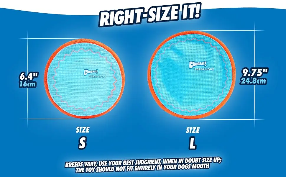 Image of two flying discs of different sizes with text reading right size it.