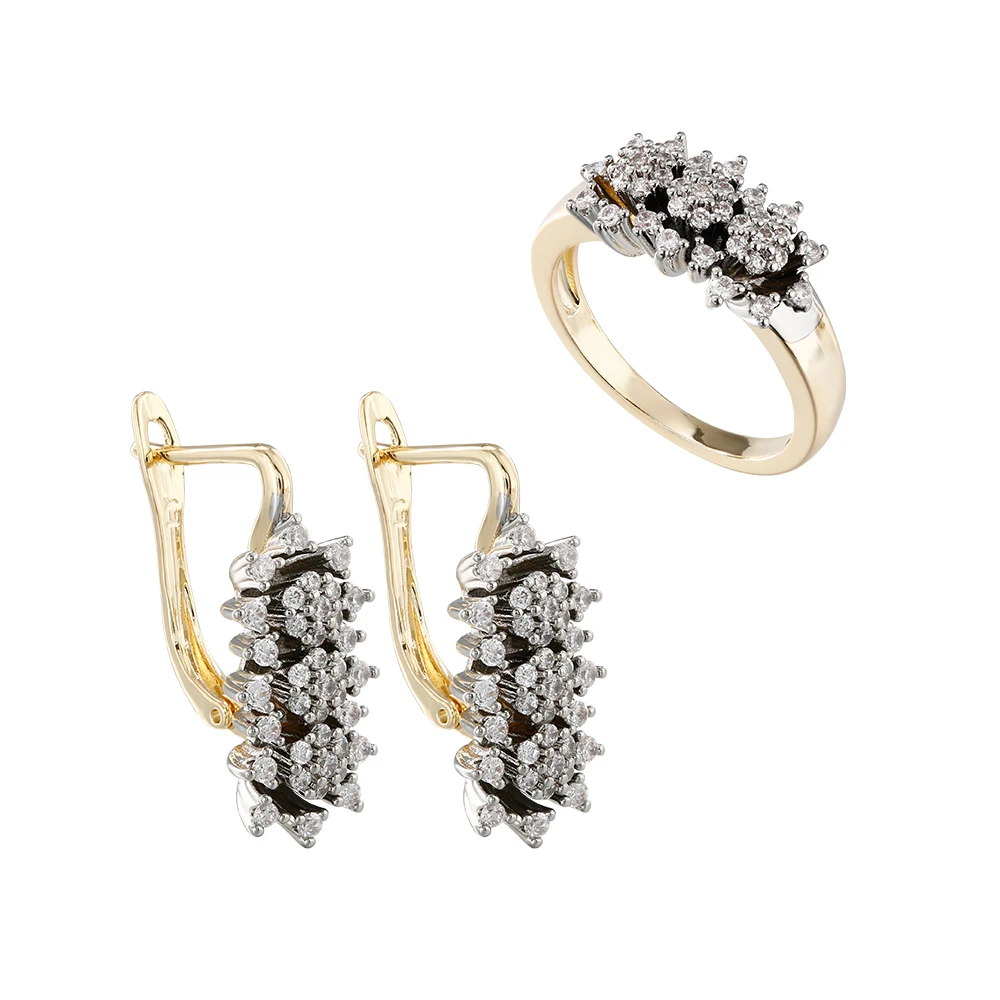 Französische, leicht luxuriöse, fächerförmige Zirkon-Ohrringe und -Ringe, zweifarbiges Set, kupferbeschichtet, 14K Gold, Accessoires für den Arbeitsplatz und Bankette. – Detail 8