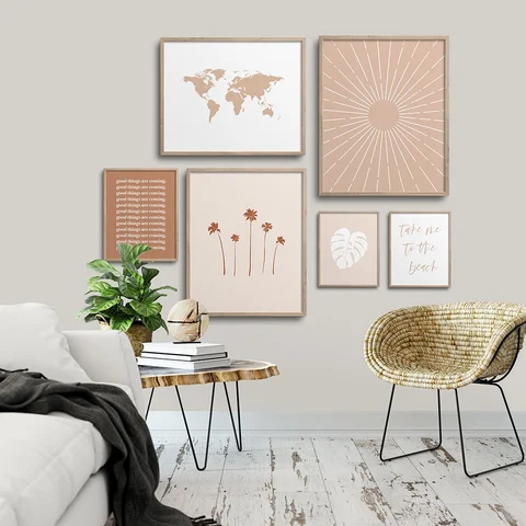 Modern Boho World Map Canvas Print with Travel Quotes  Living Room Wall Decor Art