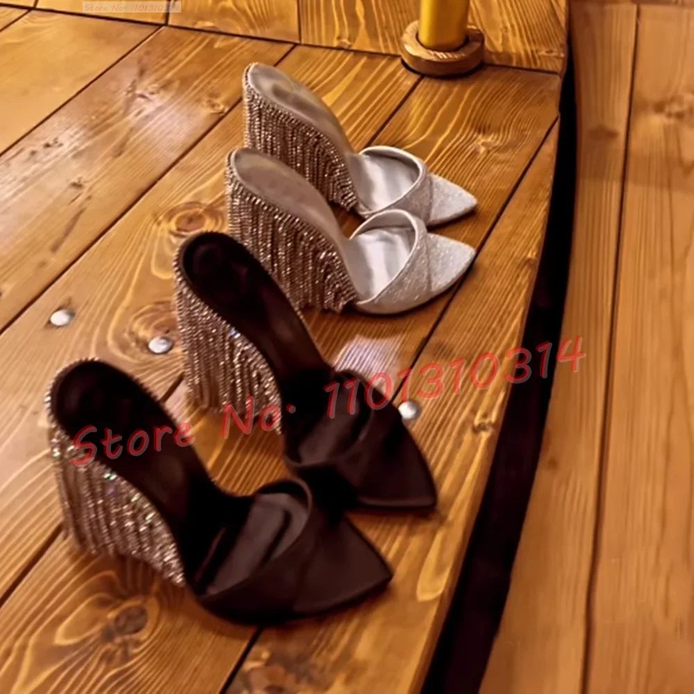Shiny Diamond Chain Heeled Slippers Women Gorgeous Sliver Glitter High Thin Heels Shoes Open Toe Summer 2023 Sexy Ladies Slides