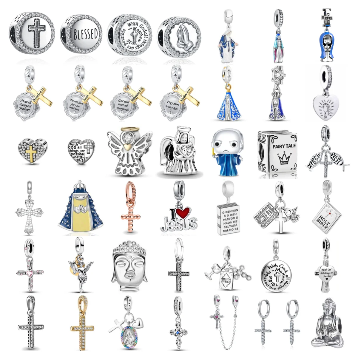 Serie de religión fina, colgante de cruz de cuentas artesanal de la Biblia de Jesús de plata 925, compatible con Pulsera Original, joyería de baratija, figura de Buda