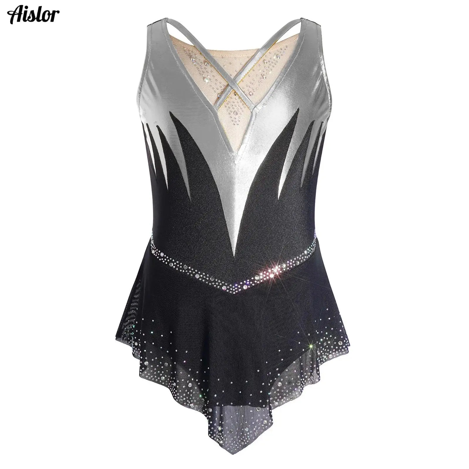 

Kids Girls Ballet Dance Skirted Leotard Figure Skating Gymnastics Acrobatics Jersey Tops Performance Dancewear Rhinestone Dress