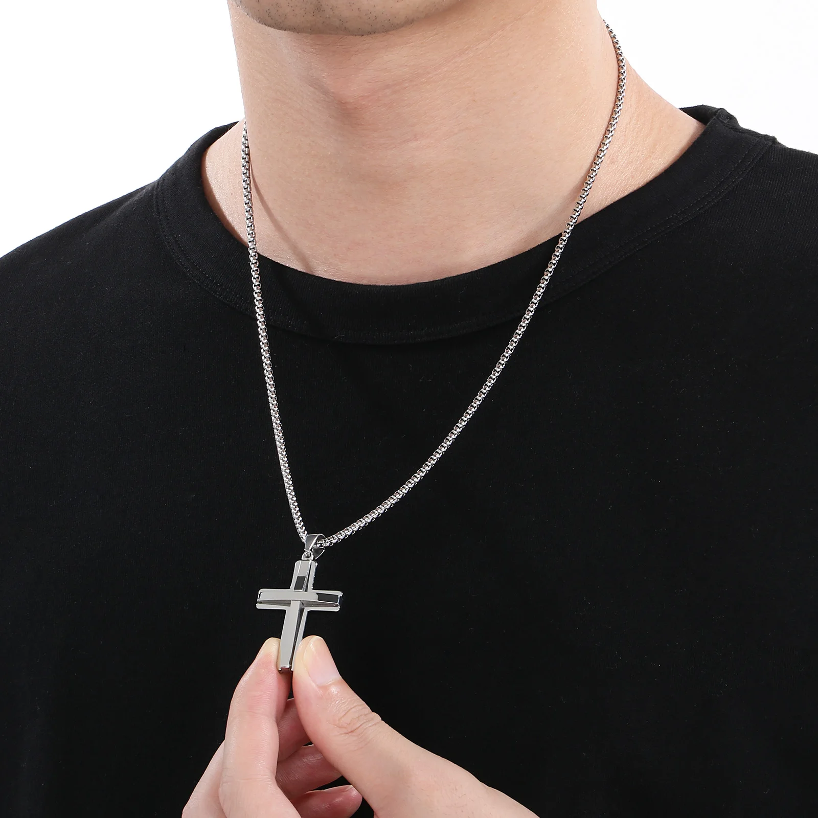 Waterproof Cross Necklaces for Men Male Gifts Jewelry Double Cross Charm Pendant Stainless Steel Plain Cross Pendant