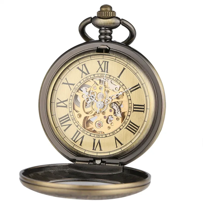 Bronze Automatic Mechanical Pocket Watch Men Women Retro Hollow Out Carving Roman Numeral Transparent Glass Cover Fob Chain Gift