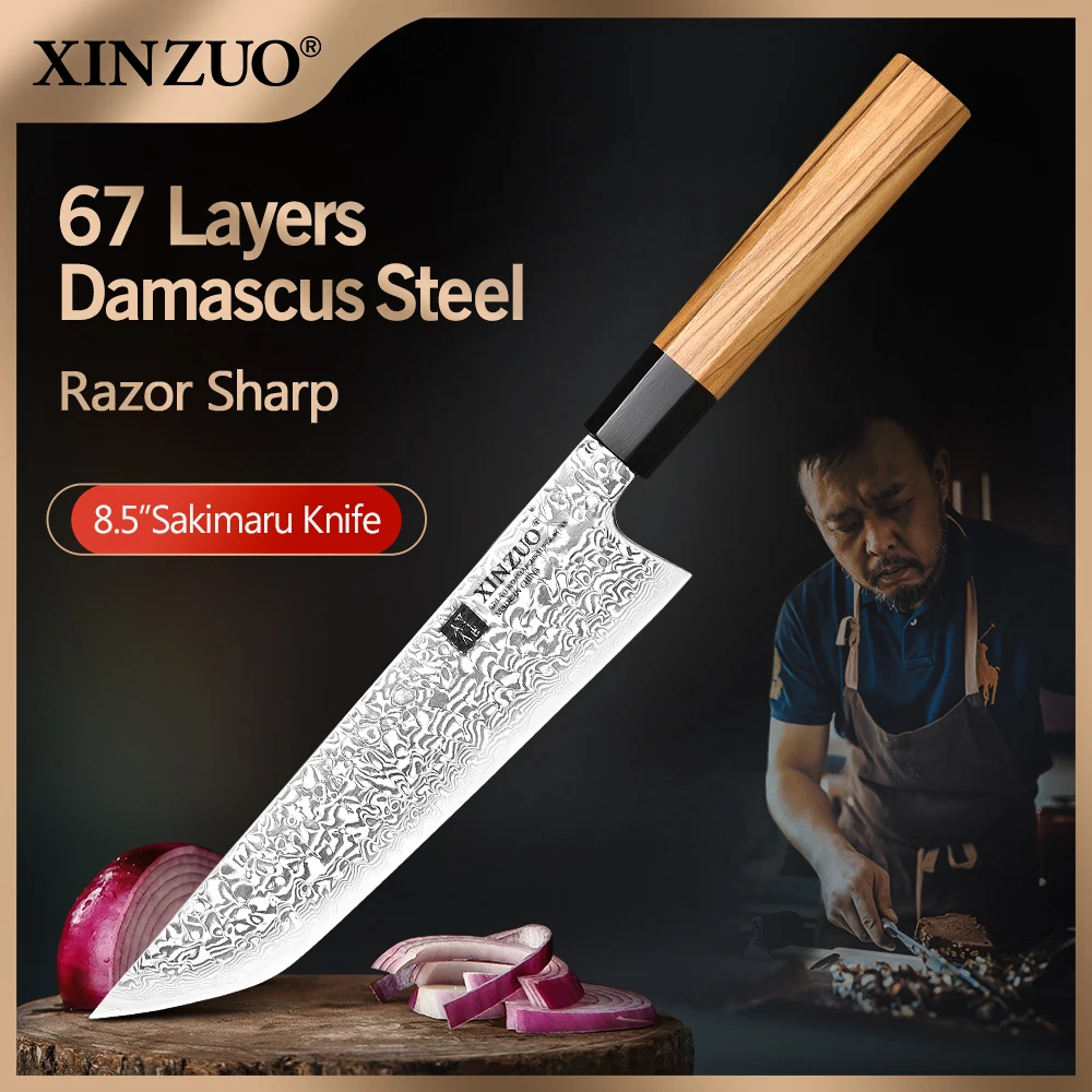 

XINZUO 8.5" inch Sakimaru Knife Ergonomic Olive Handle Damascus Steel 10Cr15C0Mov Steel Sharp Knife Fruit Meat Cleaver Knives