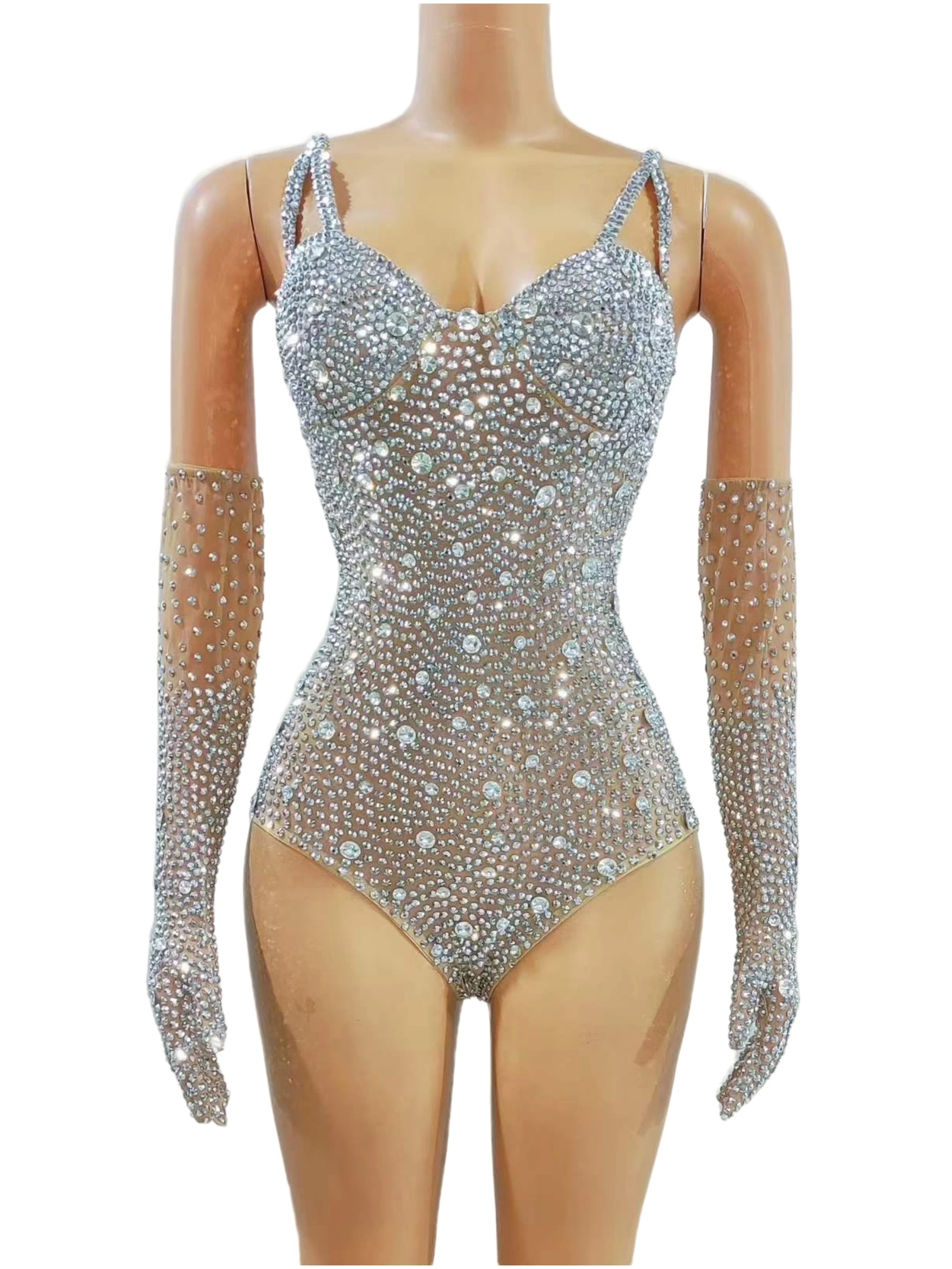 

Shinning Full Rhinestone Bodysuits For Women With Gloves Dance Singer Stage Wear Drag Queen Birthday Summer Outfit