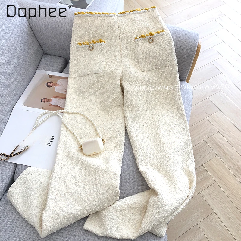 Casual Abrikoos Wollen Geweven Broek Voor Vrouwen 2023 Herfst En Winter Nieuwe Franse Retro Hoge Taille Slanke Flare Broek Femininas