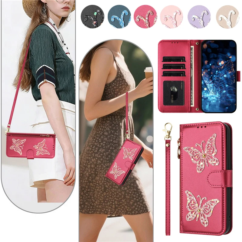 Butterfly Zipper Flip Leather Phone Case For Samsung Galaxy A54 A34 A24 A14 A04 A13 A23 A33 A53 5G Magnetic Wallet Cover Cases