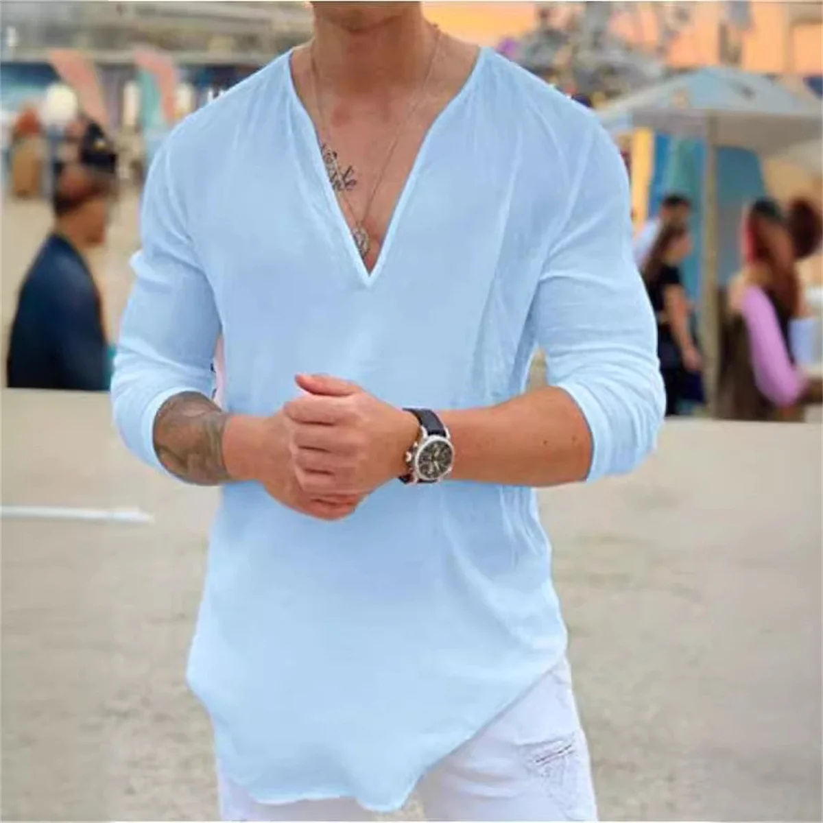 Exclusive Gift For Men, Tiki Summer Lightweight Breathable Sports Deep V-neck High-end Flash Sells Solid Color Men\'s Shirts