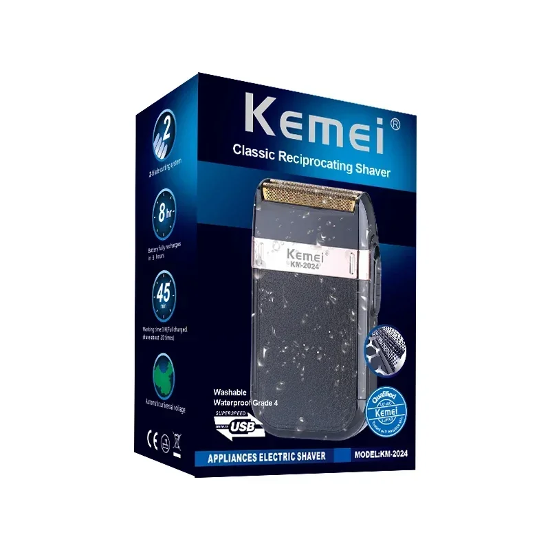 Kemei-Barbeador elétrico recarregável para homens, máquina de barbear barba, navalha com malha extra, úmida e seca, cabeça careca