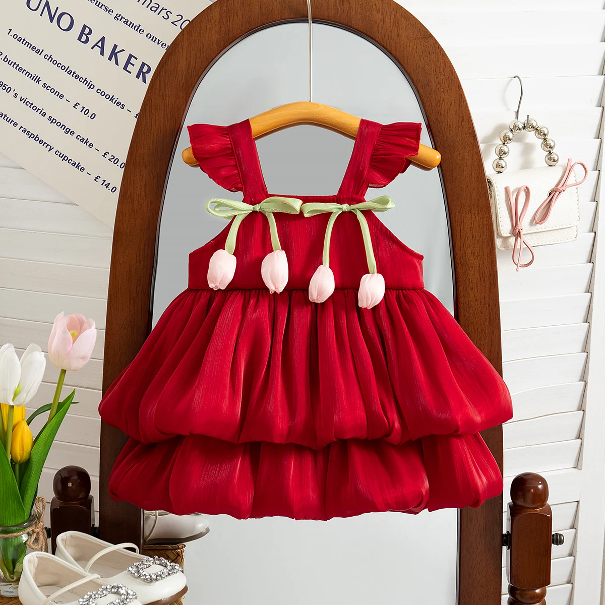 Sommer Neues Rosa Tulpen Baby Mädchen Kleid, Süße Prinzessin Stil Hochzeit Party Kinder Ärmellose Kleidung (9 Monate -3 Jahre alt)