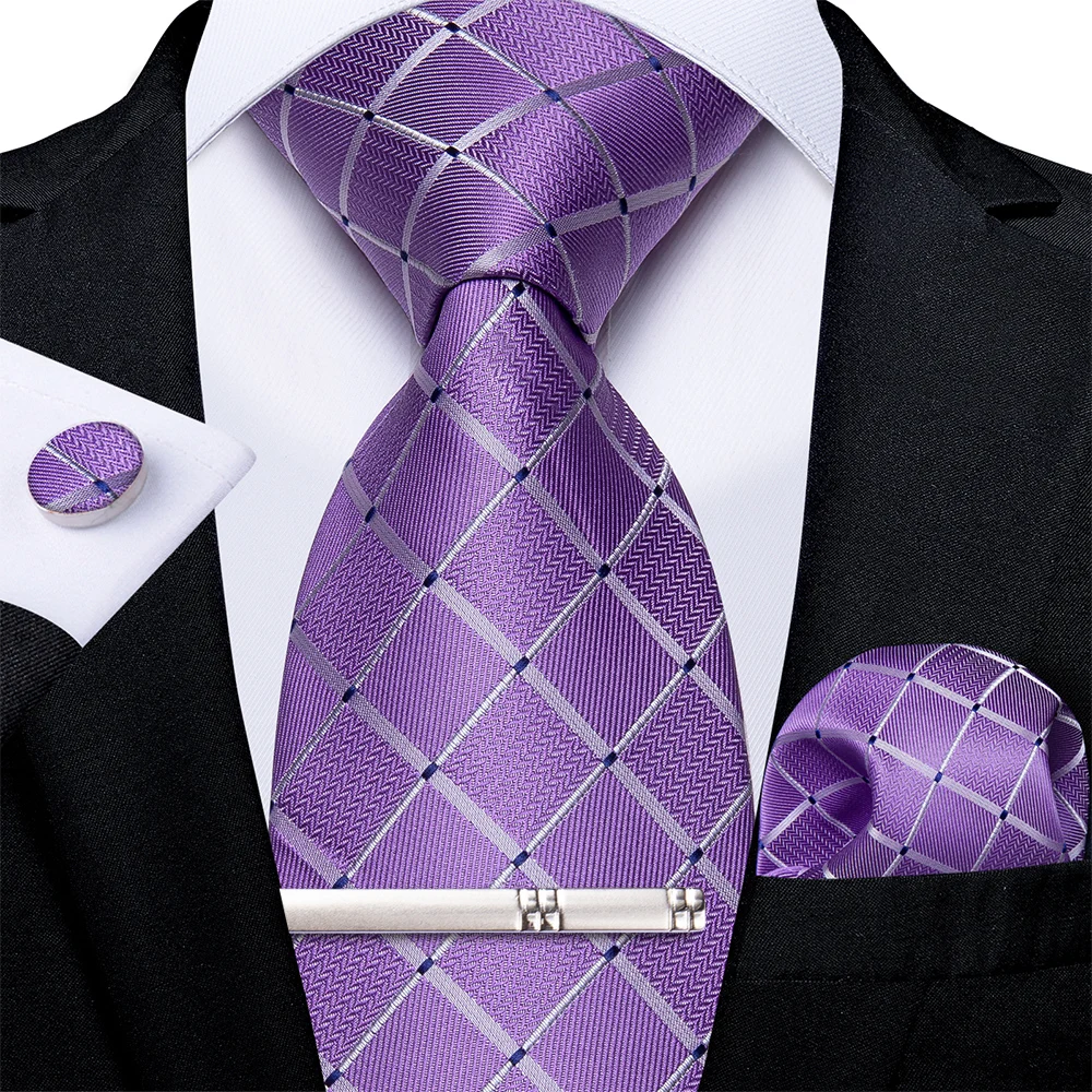 2024 New Purple Solid Plaid Paisley Floral Silk Ties for Men with Clip Handkerchief Cufflinks 8cm Necktie for Wedding Prom Gift