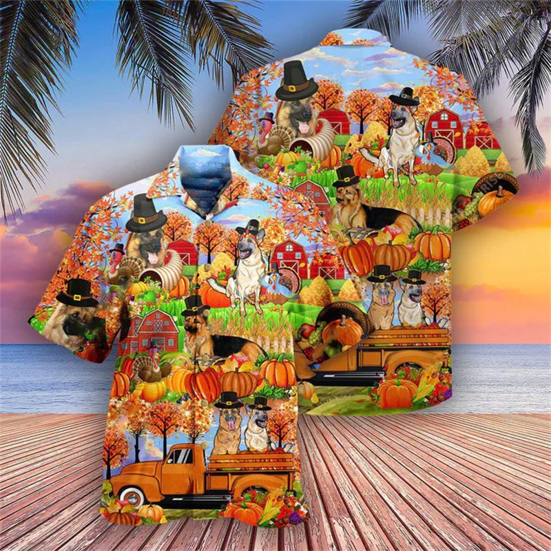 Thanksgiving Turkey 3D Printed Shirt Men Hawaii Casual Lapel Short Sleeve Shirts Cartoon Cute Animal Home Party Harajuku Blouse