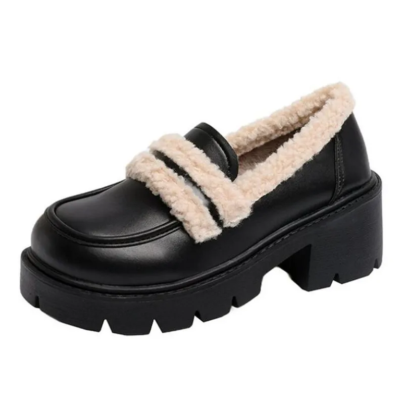

2025 New Fashion Loafers Women Autumn and Winter Thick-soled Snow Boots Plus Velvet Warm Cotton Shoes Luxury Retro Single Shoes