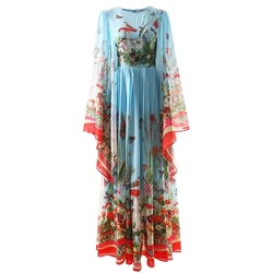 Bohemian Floor Length Dress for Women, Maxi Dress, Flare Sleeve, Flower Print, Elegant, Maxi, O-Neck, Runway, Luxury, Summer