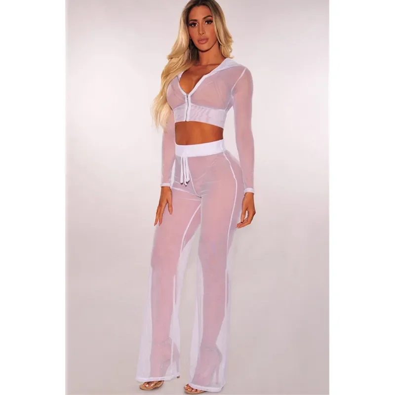 Women sexy transparent Mesh two piece set top and pants 2019 summer 2 piece set club outfits lady tracksuit sportwear sweat suit