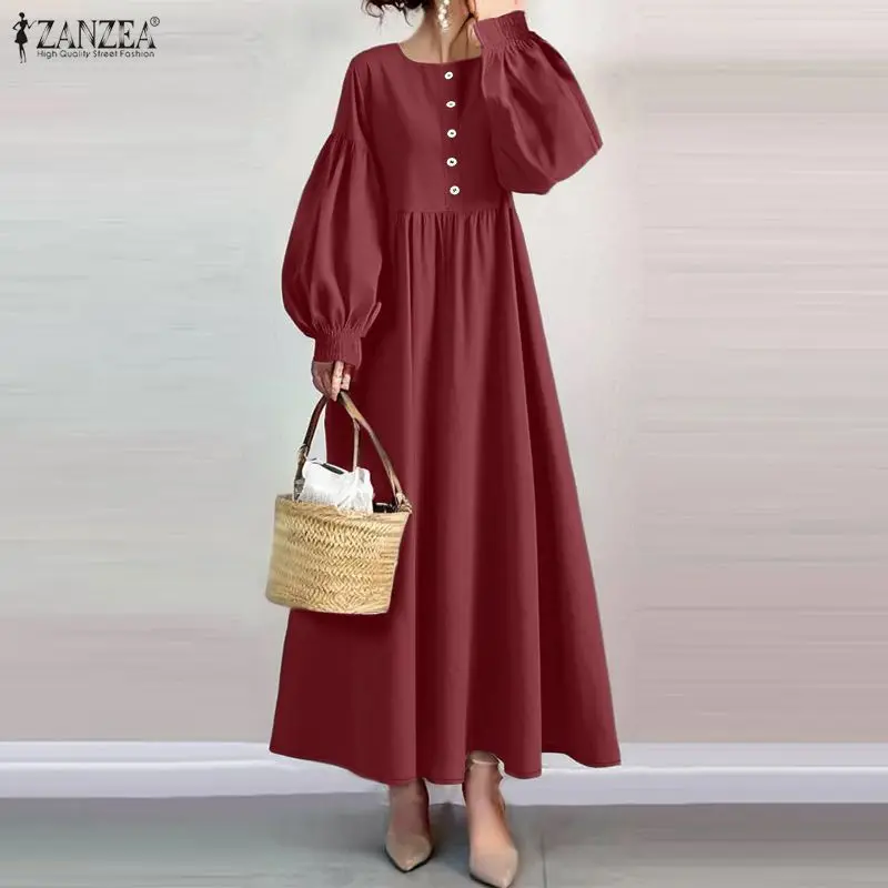 

ZANZEA 2026 Весенний сарафан: Элегантное плиссированное платье для работы, модное женское платье с длинными рукавами-фонариками, повседневное однотонное платье А-силуэта миди