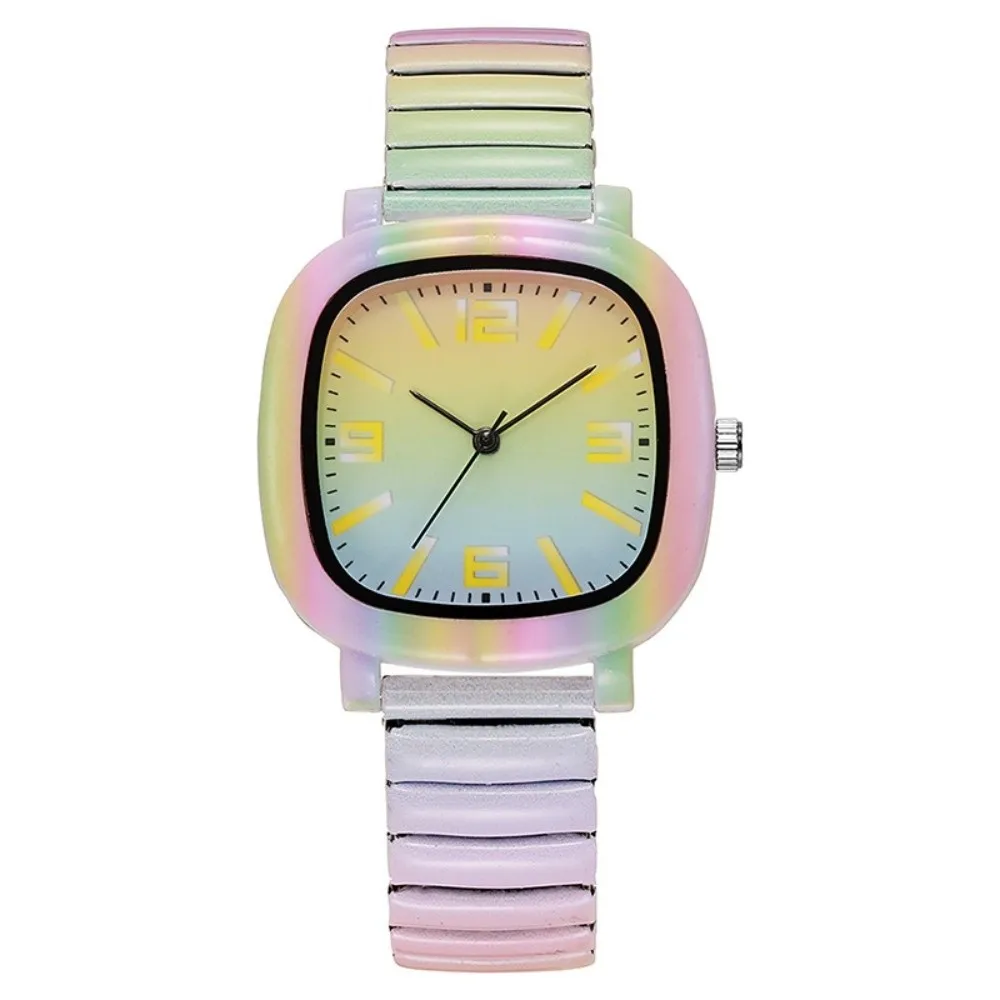 Stainless Steel Quartz Bracelet Watch Elastic Floral Printed Square Wristwatch Colorful Rainbow Gradient Stretch Strap Watch