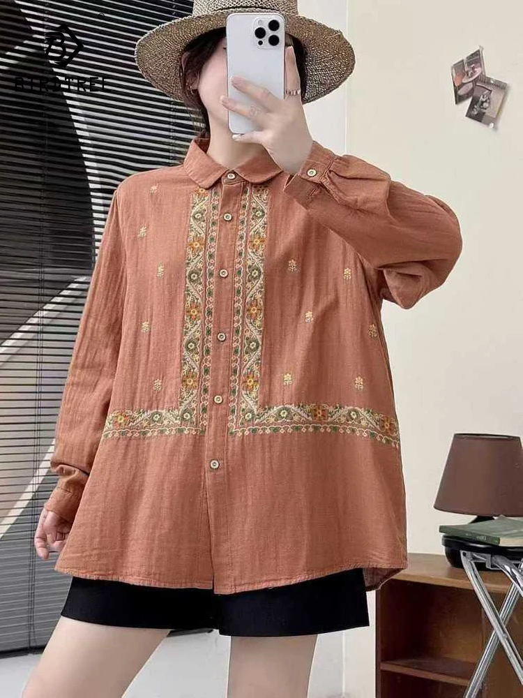 

New 2025 Autumn Cotton Yarn Long Sleeve Shirt, Women Turn-down Collar Embroidery, Mori Girl Ethnic Style Loose Blouse T5O753CC