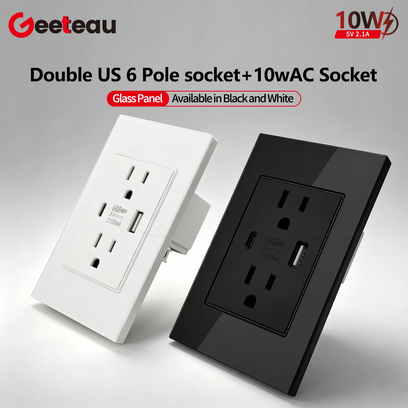 Geeteau México Guatemala Colombia Enchufe Doble de 6 Orificios 118mm Panel de Vidrio Blanco y Negro USB Tipo C 10W Enchufe de Pared Estándar