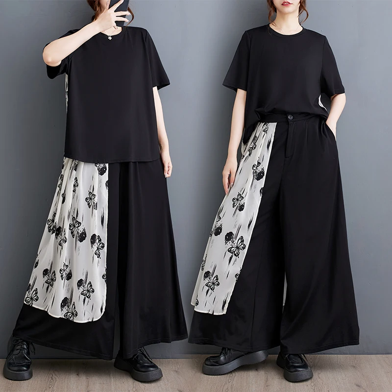 Verano nuevo suelto artístico Faion Print Ba Splice Top pantalones de pierna ancha conjunto de dos piezas poliéster para mujer ort Sve...