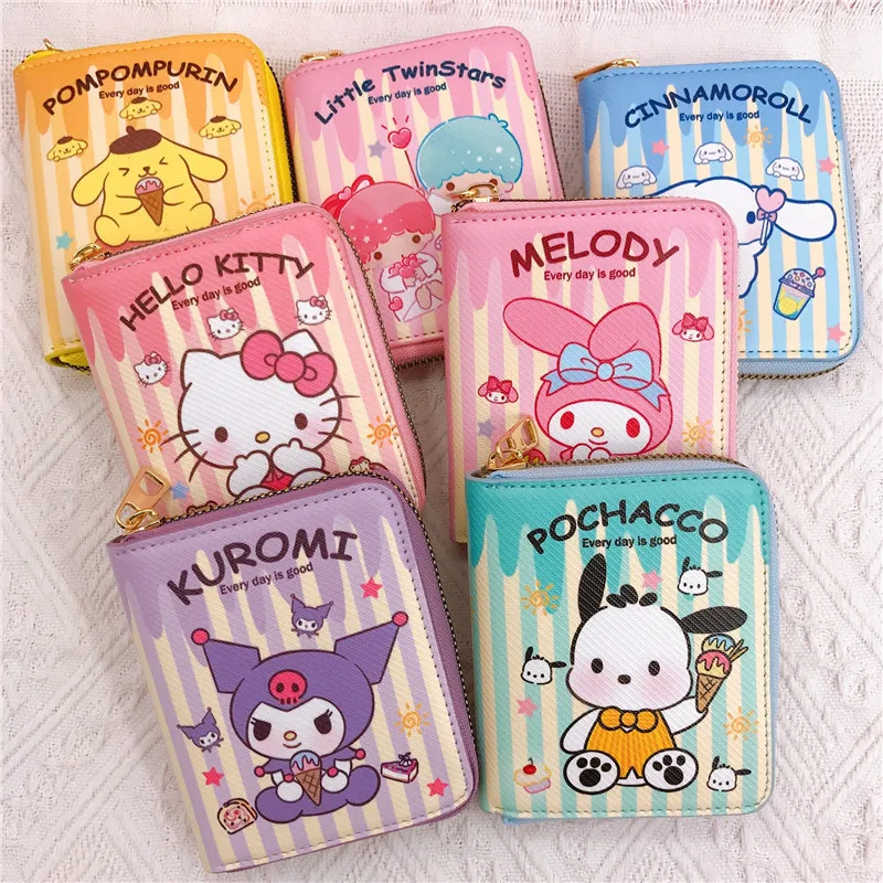 Kawaii Hello Kitty Cinnamoroll My Melody Kuromi Sanrios Nuovo Pu Casual Borsa per soldi Portamonete Porta carte Portafoglio con bottoni