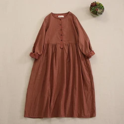 Autumn New Japanese Mori Girl Retro Long Sleeve Striped Dress Women O-Neck Button Up Casual Loose Midi Cotton Dresses