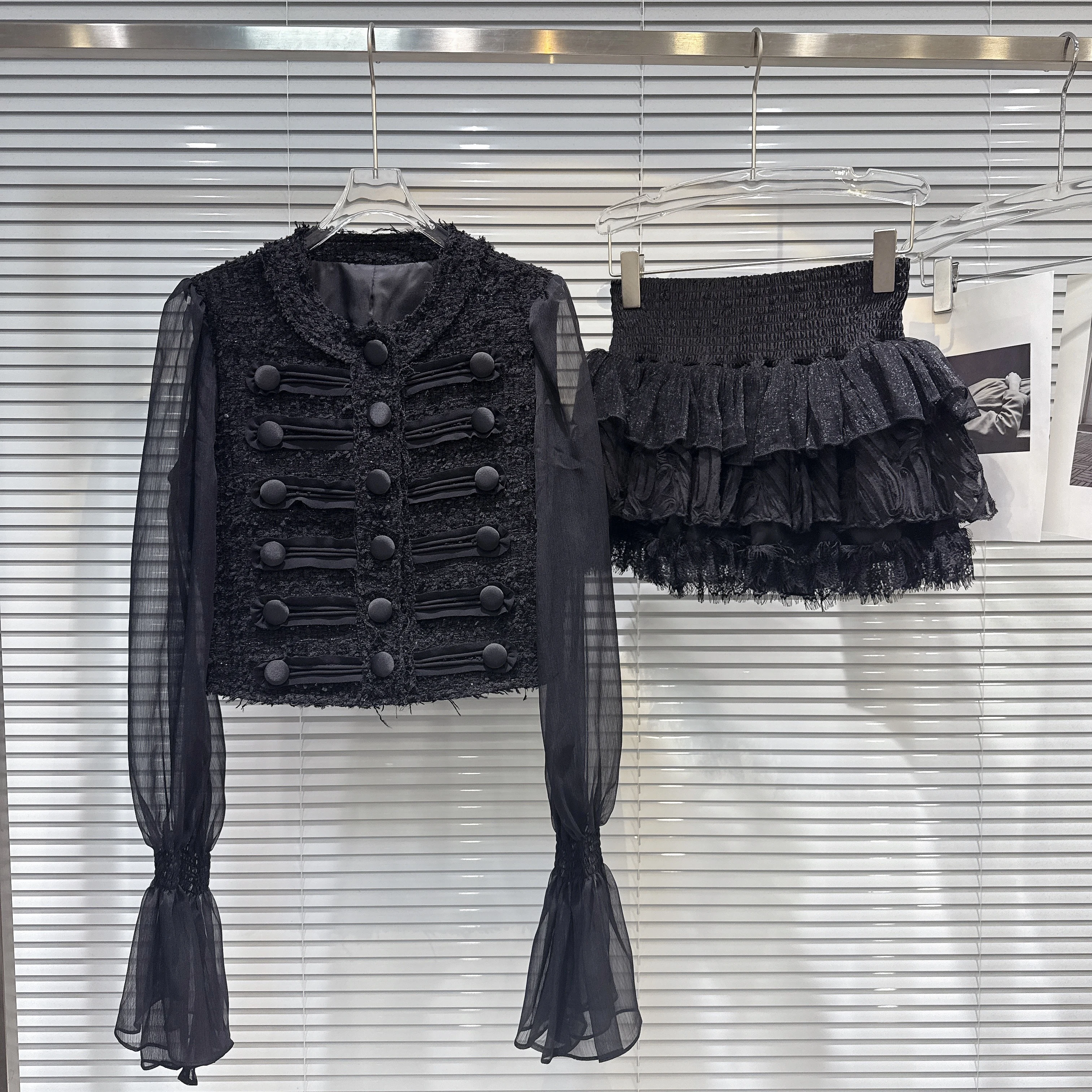 2025年秋新作 高級ツイードメッシュスリーブショートジャケットトップ、メッシュレイヤードスカート、女性用セット、別売り