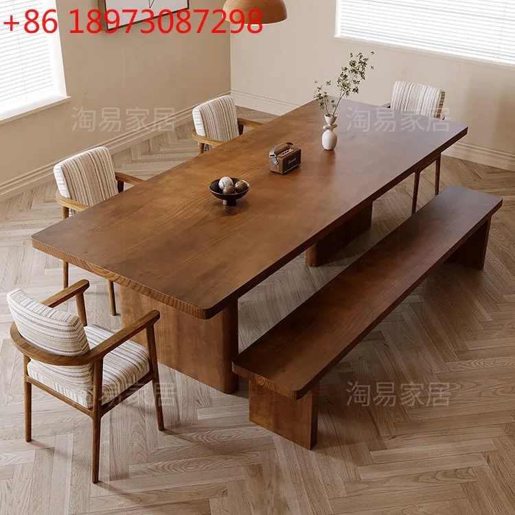 

Nordic all-solid wood dining table and chairs, a set of log long workbench, small apartment dining table