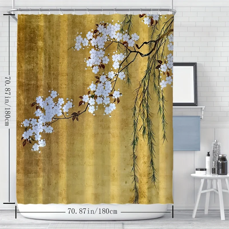 YWJHUI Chinese Style Floral Tree Painting Digital Print Shower Curtain, Water-resistant Polyester with Hook, Machine Washable, K